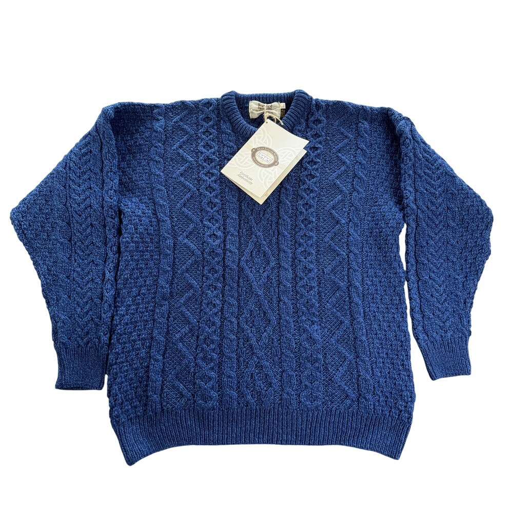 Aran Sweater Market Sweater Womens Large Blue Merino Wool Cable Crewneck Ireland